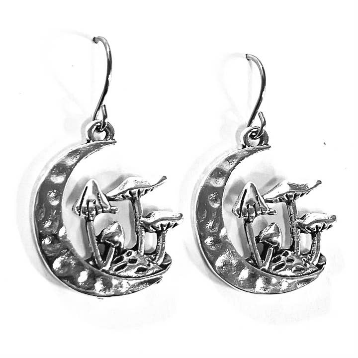 Silver Mushroom Earrings Dangle Moon Mushroom Earrings for wholesale by Broken Record Boutique