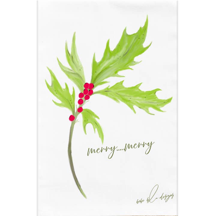 Holly Flour Sack Tea Towel, Holiday Kitchen Decor, for wholesale by Bebe Blu Designs, LLC