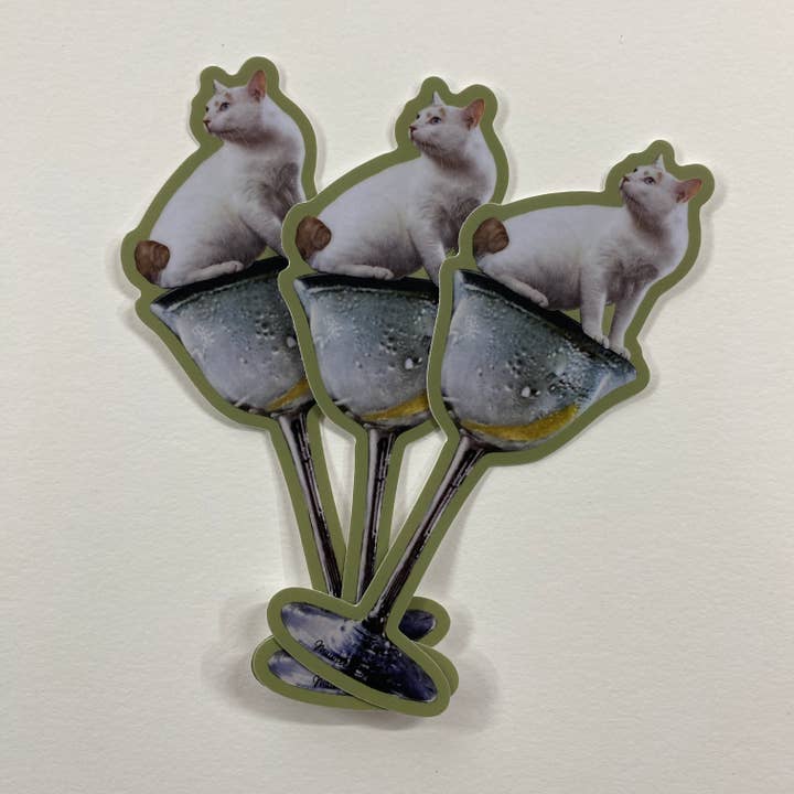 Maureen Shields – wholesale Sticker – White Cat on Martini Glass with a Twist Sticker