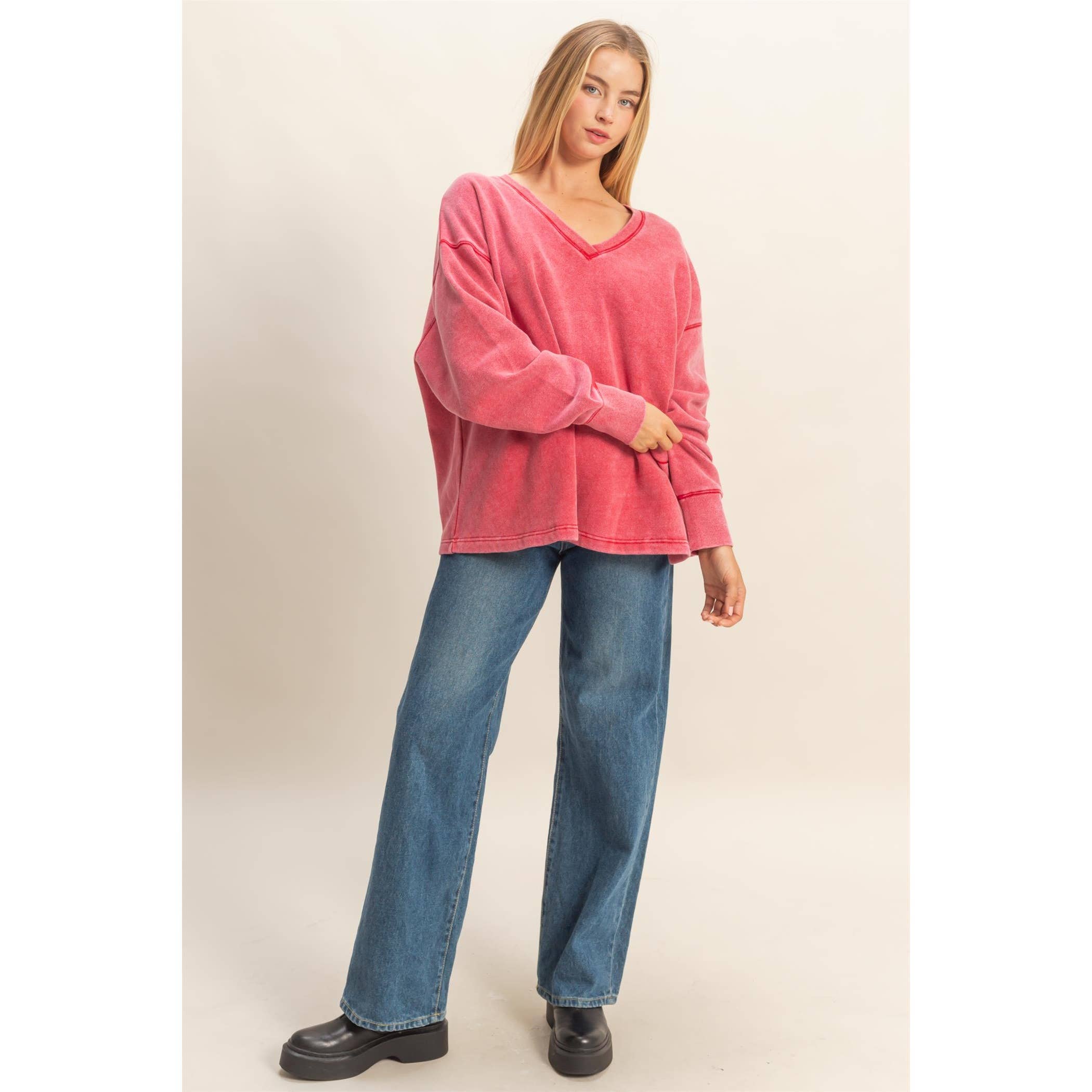 Double Zero - Wholesale Sweatshirt - Women's - Oversized V-Neck Sweatshirt With Raw Edge Detail27