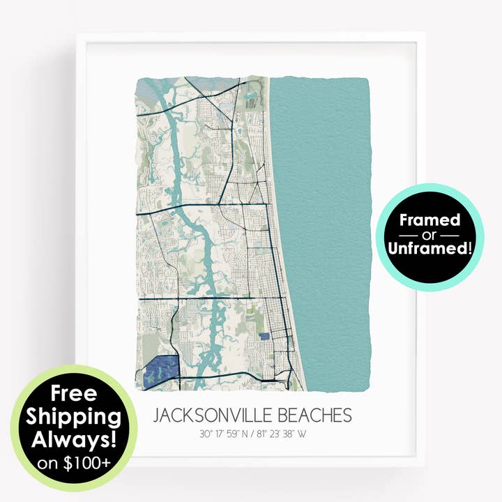 Jacksonville Florida Beaches map print, Jacksonville beaches for wholesale by Sparks House Co.