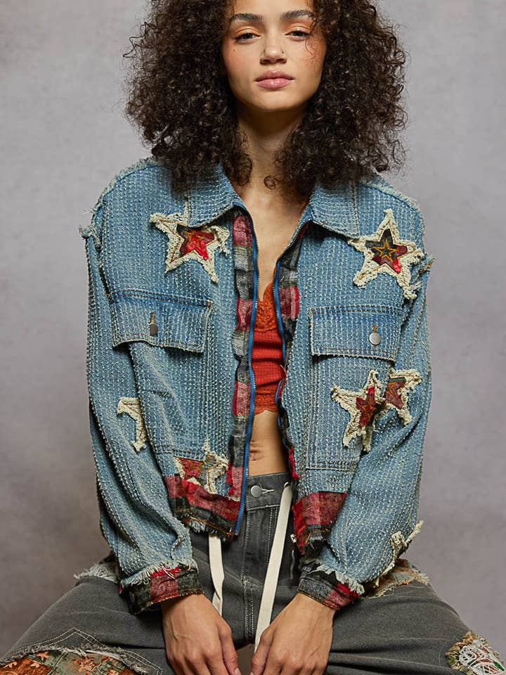 Star patches textures twill jacket for wholesale by Pol Clothing