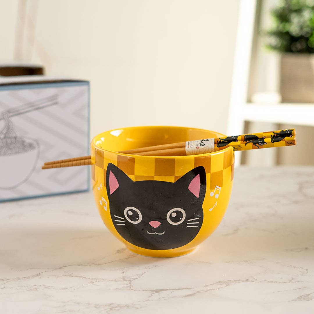 Urban Tokyo - Wholesale Bowl - 18oz 5"D Donburi Bowl With Chopsticks Set Neko Friends Yellow (4/16)6