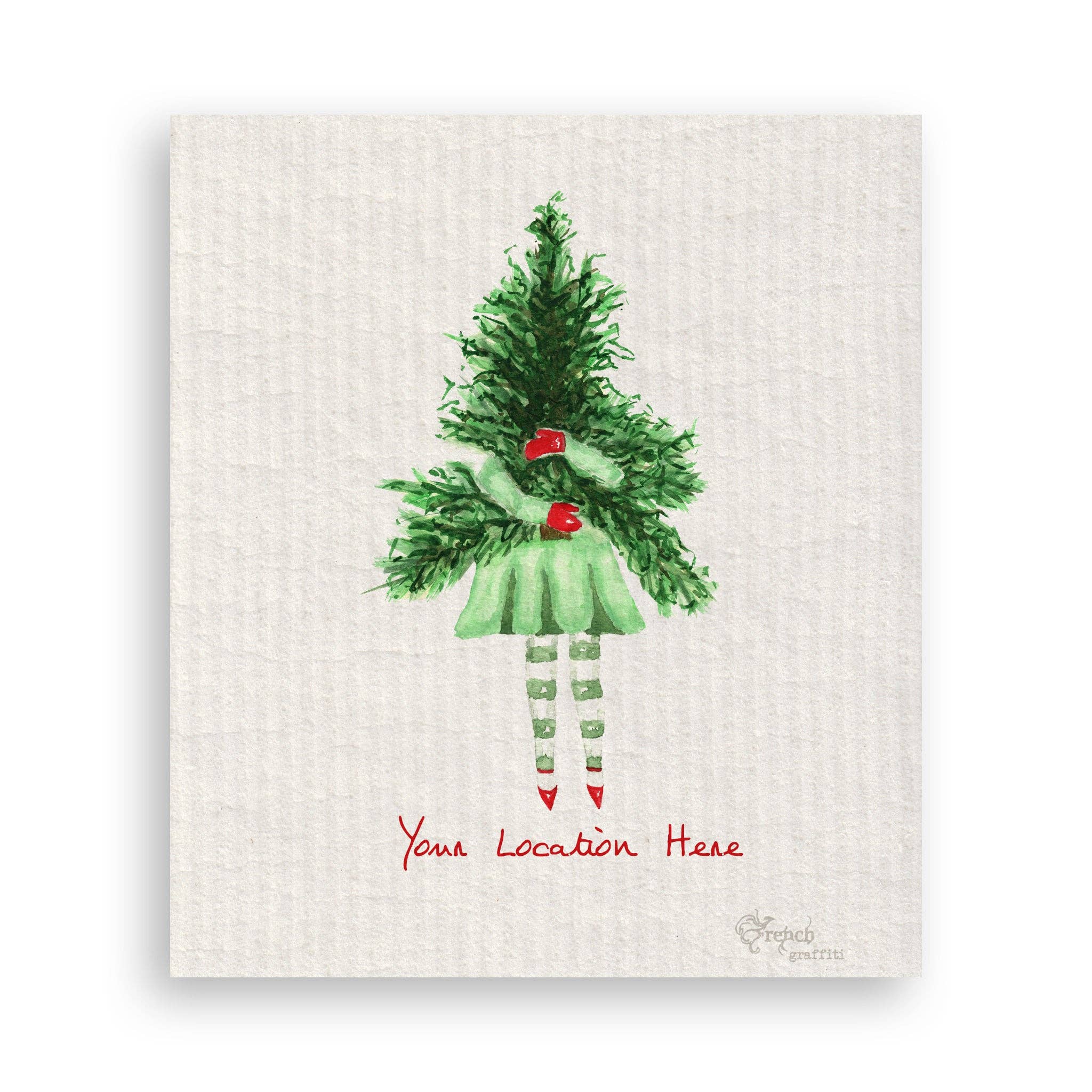 French Graffiti – wholesale Tea towel – Lady with Christmas Tree and Location16