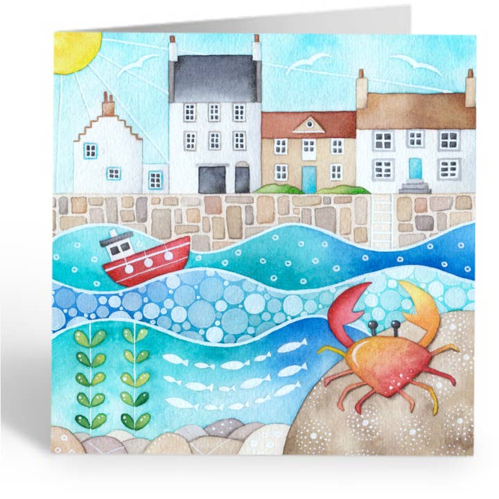 East Neuk Beach Crafts – wholesale Everyday greeting card – Crab Greetings Card - Fishing Boat and Harbour - Blank