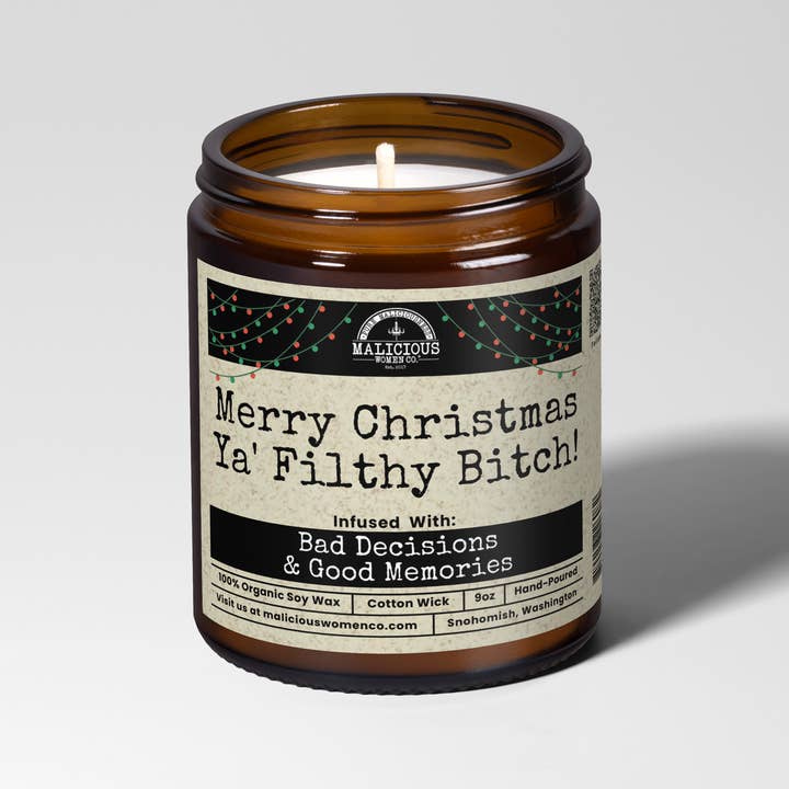 Malicious Women Candle Co - Wholesale Jar/Filled Candle - Merry Christmas Ya' Filthy Bitch - Scent: Butterscotch & Bourbon