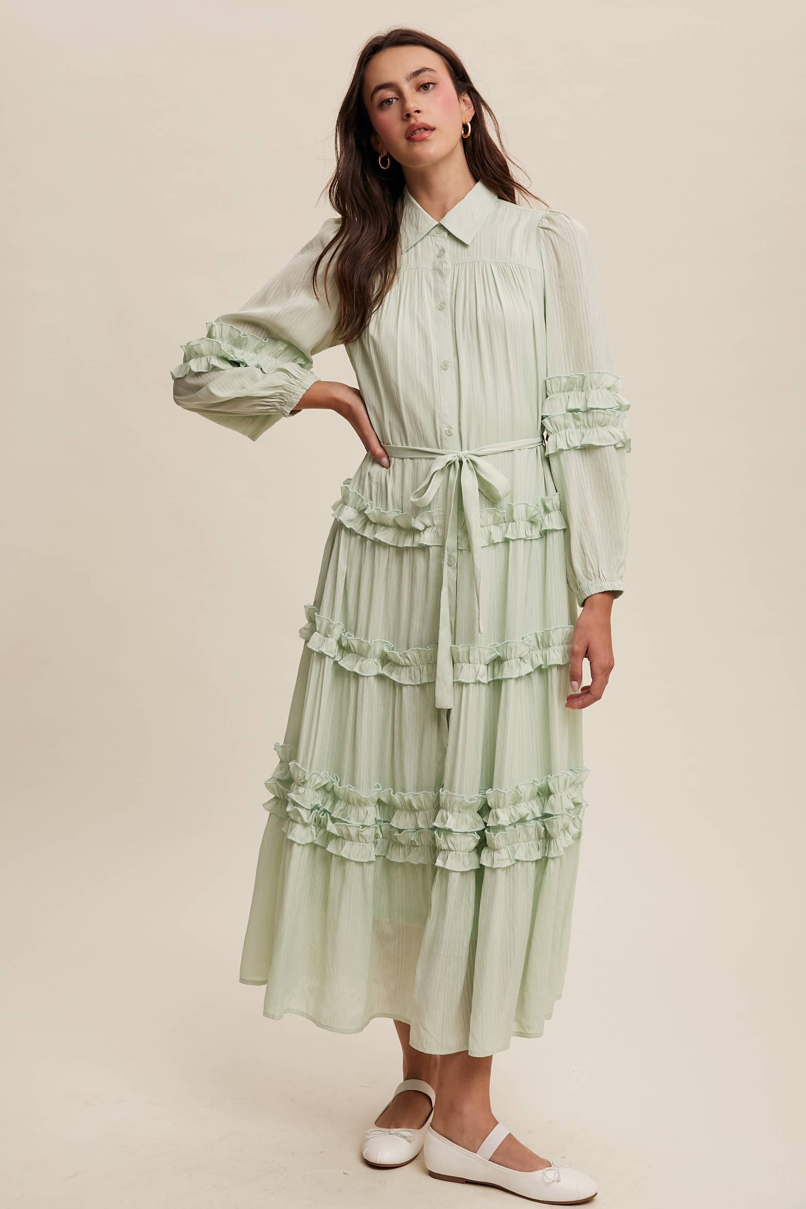 Listicle - Wholesale Dress - Women's - Ruffled Belted Maxi Shirt Dress LD149610