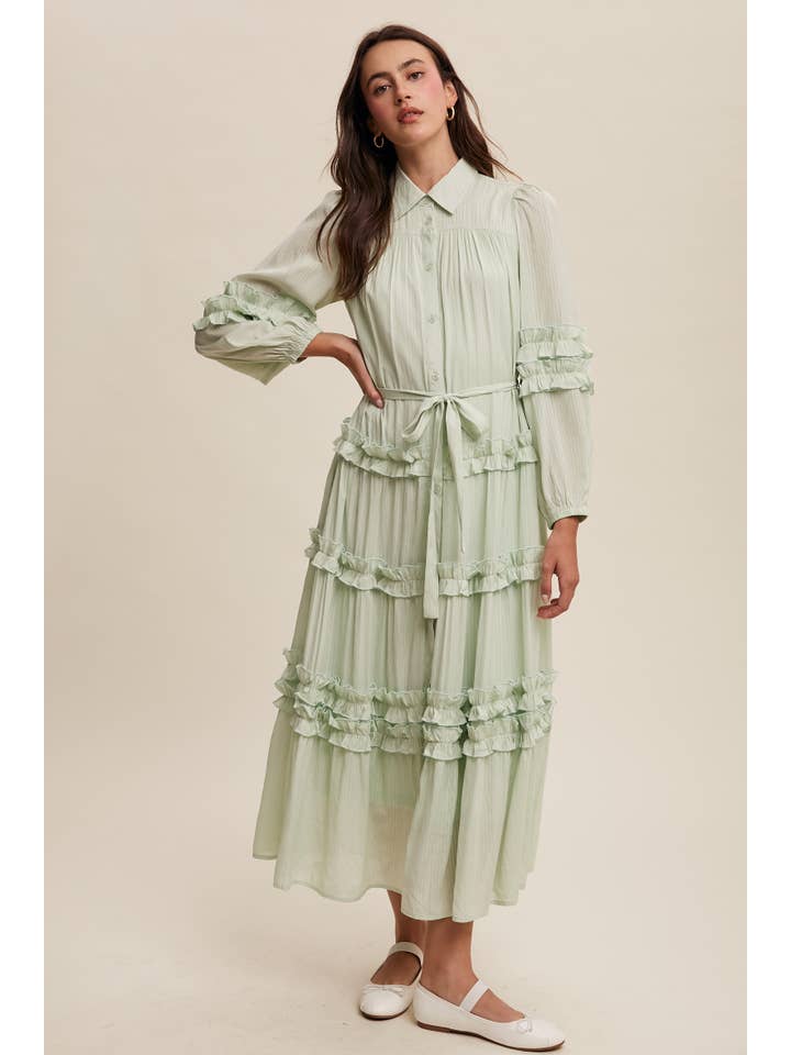 Listicle - Wholesale Dress - Women's - Ruffled Belted Maxi Shirt Dress LD149610