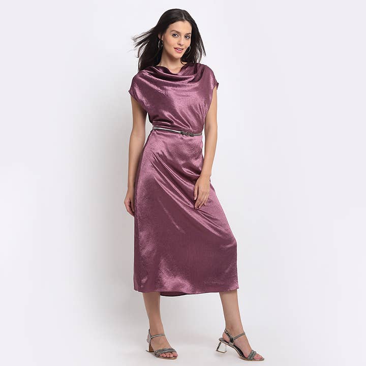 Stylish Mauve Cowl Neck Solid Party Dresses For Women for wholesale by Benares