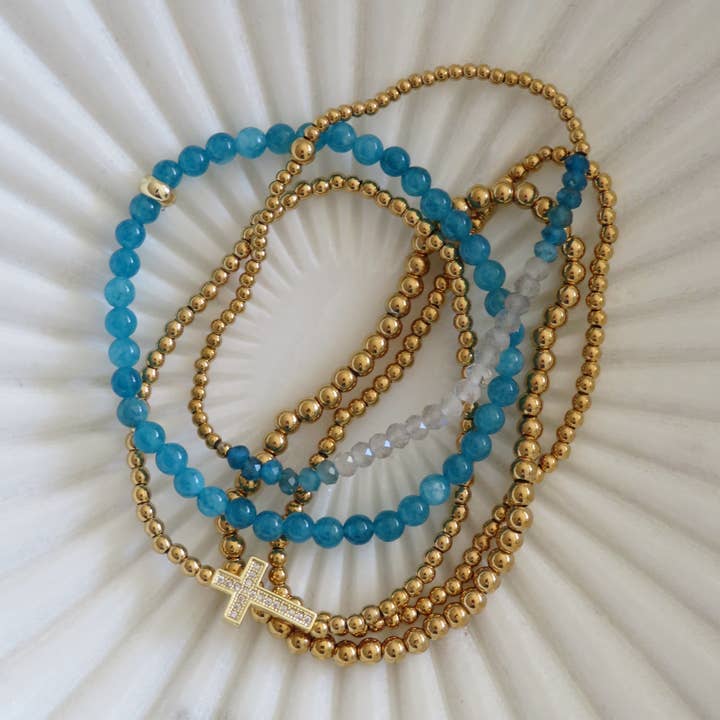 Holy Cross Blue Beaded Bracelet Stack - Set of 5 Waterproof Non-Tarnish for wholesale by Curated By Suarez