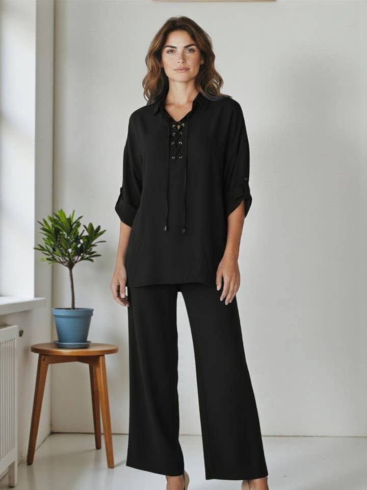 25613-X Plus Size Relaxed Blouse & Wide-Leg Broek Set voor wholesale door H&H Fashion Inc.
