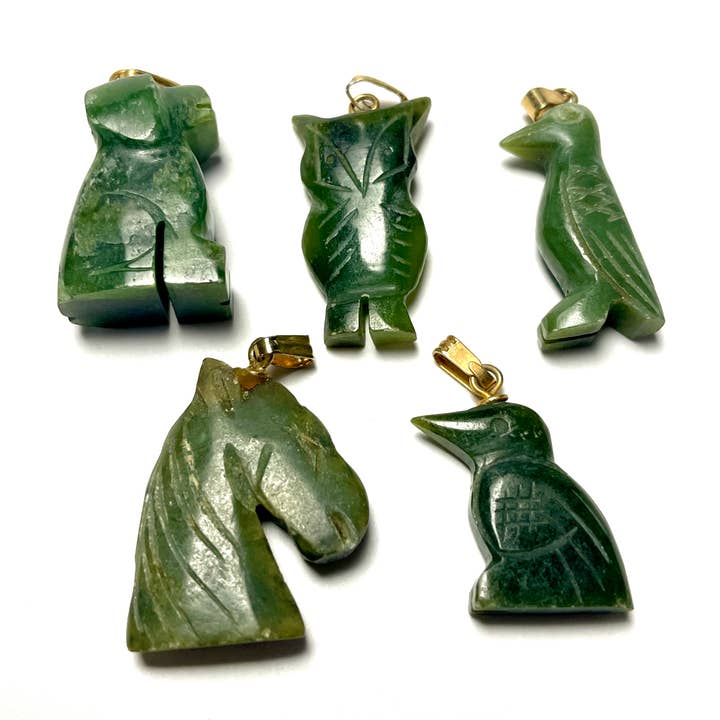 Vintage 1970s Green Jade Owl, Dog, Horse, and Bird Pendants for wholesale by Whitestone Jewelry Co.
