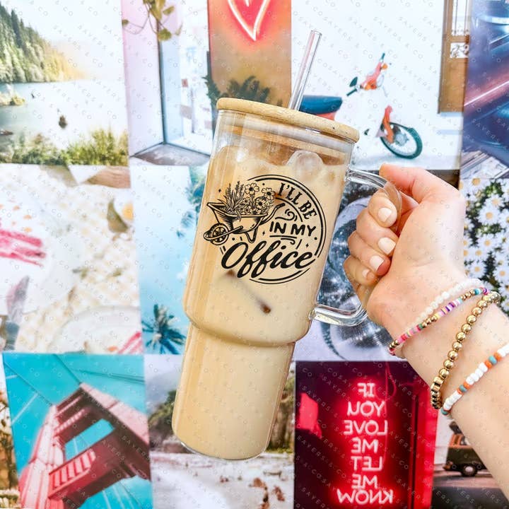 Sayers & Co. - Wholesale Insulated mug/tumbler - 40oz Ill Be In My Office Glass Cup with Bamboo Lid & Straw #1003446