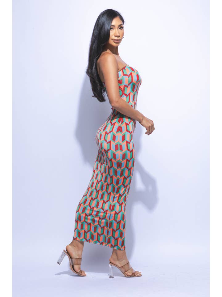 K Too - Wholesale Dress - Women's - Multi colored geo print tube maxi dress17
