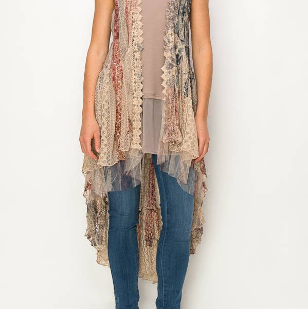 Flowy High-Low Lace Boho Duster Vest-U013 TP/PAT ROSE for wholesale by Origami Apparel ~ Lace and Crochet inspired