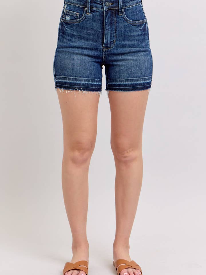 Judy Blue High Waist Tummy Control Destroy Release Hem Shorts for wholesale by Watermelon Apparel