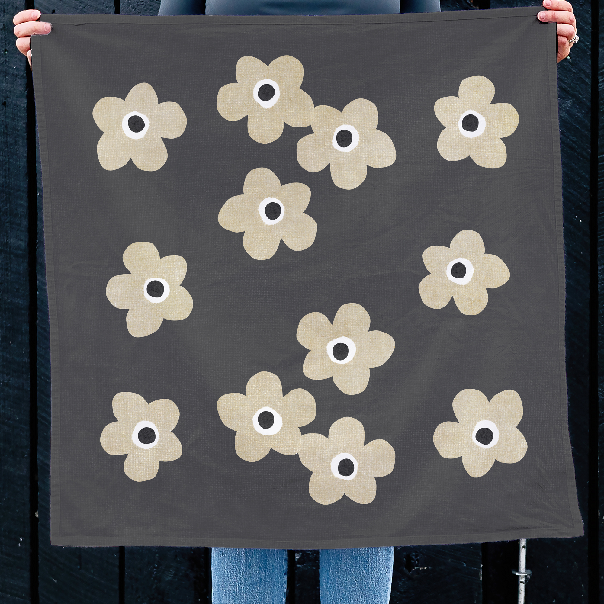 Susan Case Designs - Wholesale Tea Towel - Floral Tea Towel - Kitchen Decor - Beige Flowers Charcoal 2