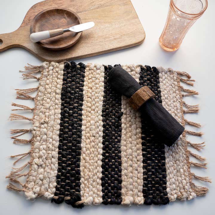 India Handicrafts Inc - Wholesale Placemat - Striped Jute Placemat with Fringe