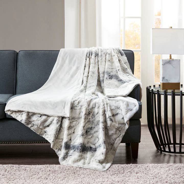 Faux Fur Oversized 60x70" Marble Throw Blanket, Grey for wholesale by Olliix
