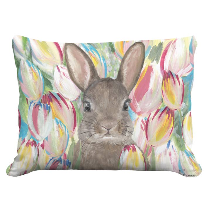 Pillow - Bunny with Tulips - indoor / outdoor cushion for wholesale by Magnolia Casual