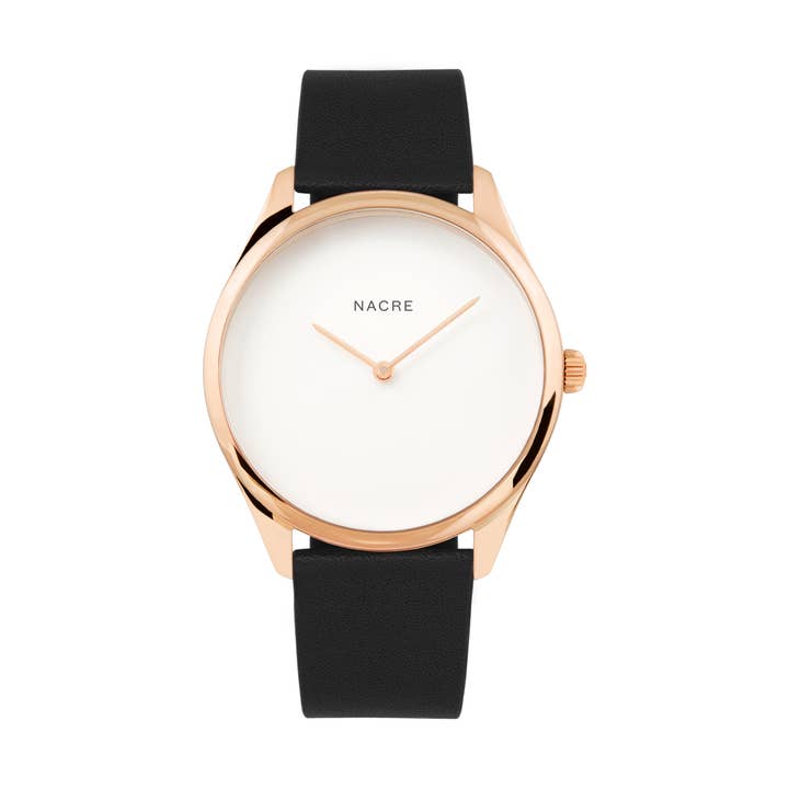 Nacre Lune Watch Pearlized Dial Rose Gold - Black Leather for wholesale by Nacre