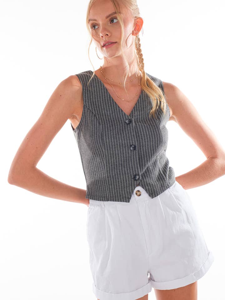 Gilet boutonné à fines rayures en tricot double pour la vente par A July