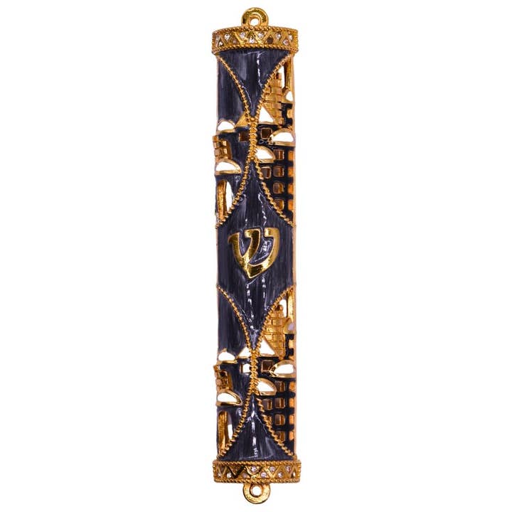 Matashi Grey Jerusalem Jeweled Enamel Mezuzah with Crystals for wholesale by Matashi