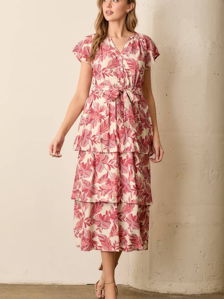 V-NECK SHORT SLEEVE MIDI DRESS for wholesale by Polagram by Wellmade USA