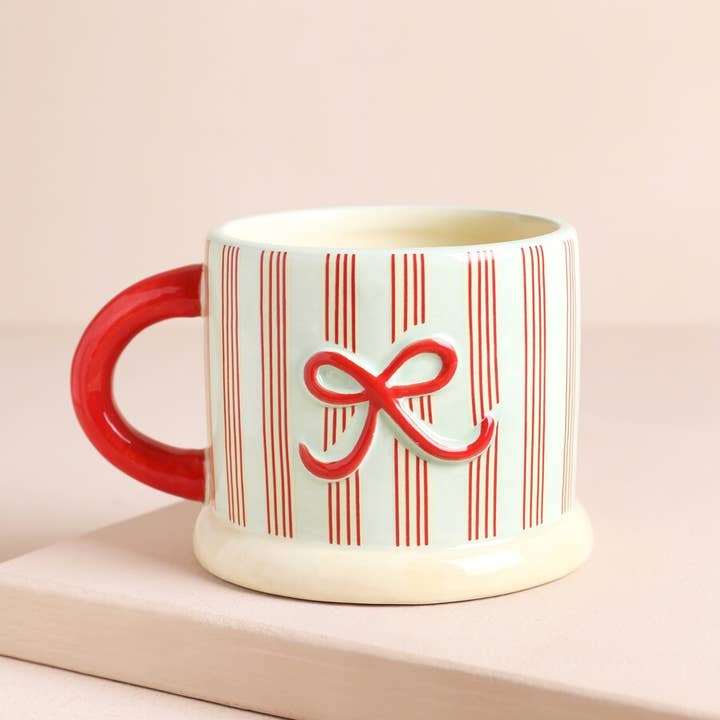 Lisa Angel - Wholesale Coffee/Tea Cup - Ceramic Holly Stripe and Bow Christmas Mug