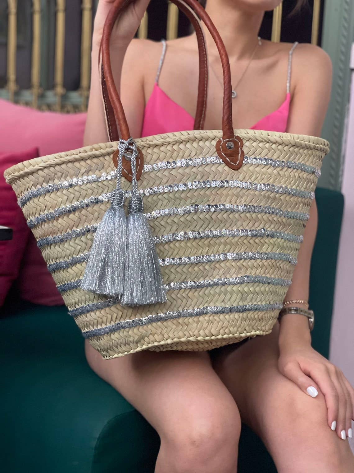 martitec - Vente Sac de plage - Sac à panier à paillettes | Sac à panier marocain tissé à la main argenté 0