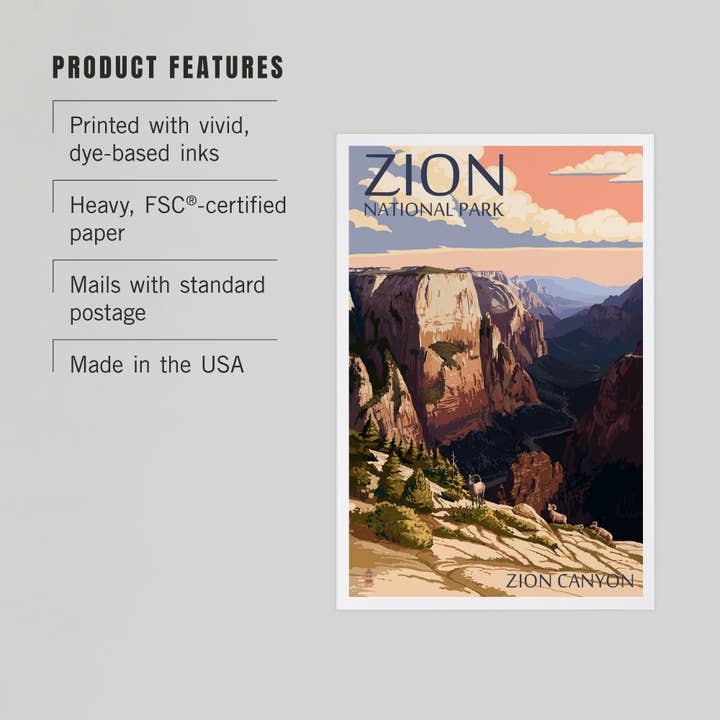 Lantern Press - Vente Cartes postales - CARTES POSTALES PREMIUM Parc national de Zion, UT Zion Canyon, coucher de soleil2