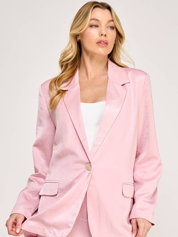 TJ-10785-6 OVERSIZE SATIN BLAZER-BUBBLE PINK for wholesale by Ellison