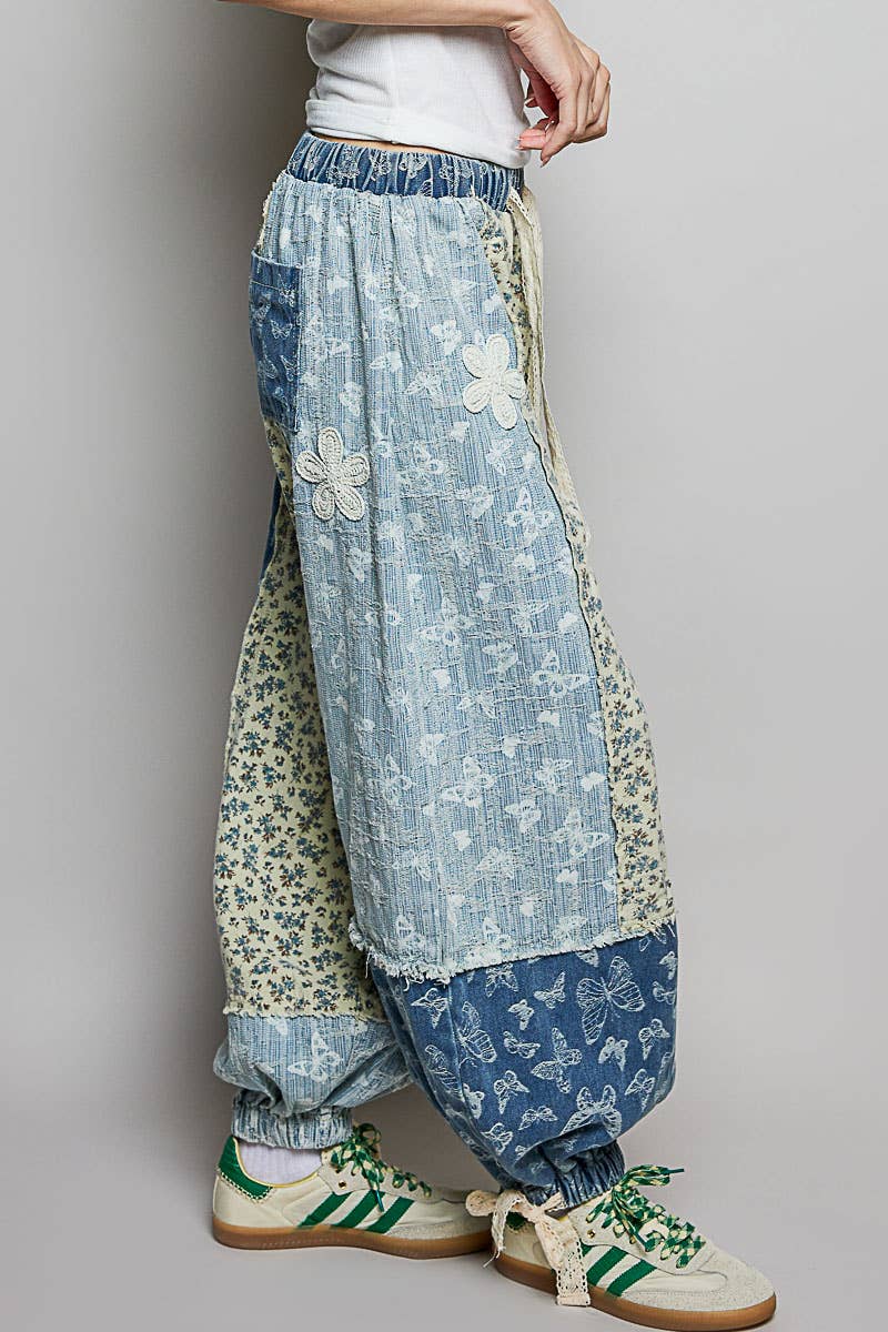 Pol Clothing - Wholesale Pants - Women's - Crochet patch detail contrast patchwork printed woven pants1