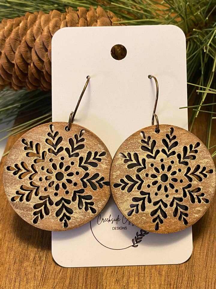 Round Snowflake Drop Christmas Earrings for wholesale by Creekside Cottage Designs