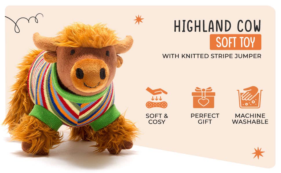Best Years Ltd - Wholesale Stuffed/Plush Toy - Kids & Baby - Knitted Highland Cow Soft Toy in Stripe Jumper8