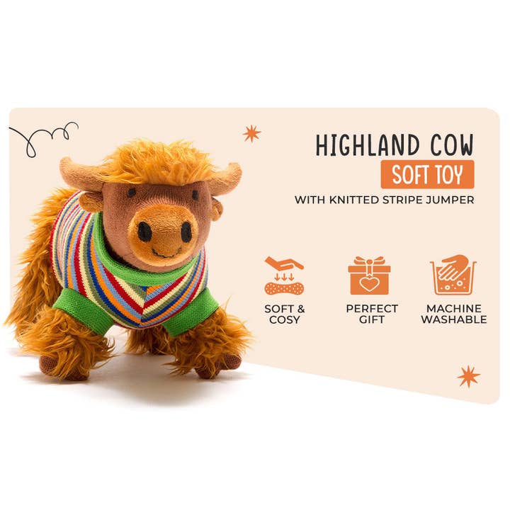 Best Years Ltd - Wholesale Stuffed/Plush Toy - Kids & Baby - Knitted Highland Cow Soft Toy in Stripe Jumper8