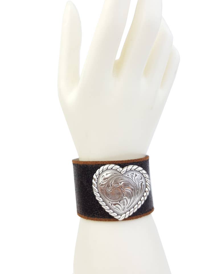 Vintage w. Distressed Leather Band w. Silver Heart for wholesale by Axesoria West