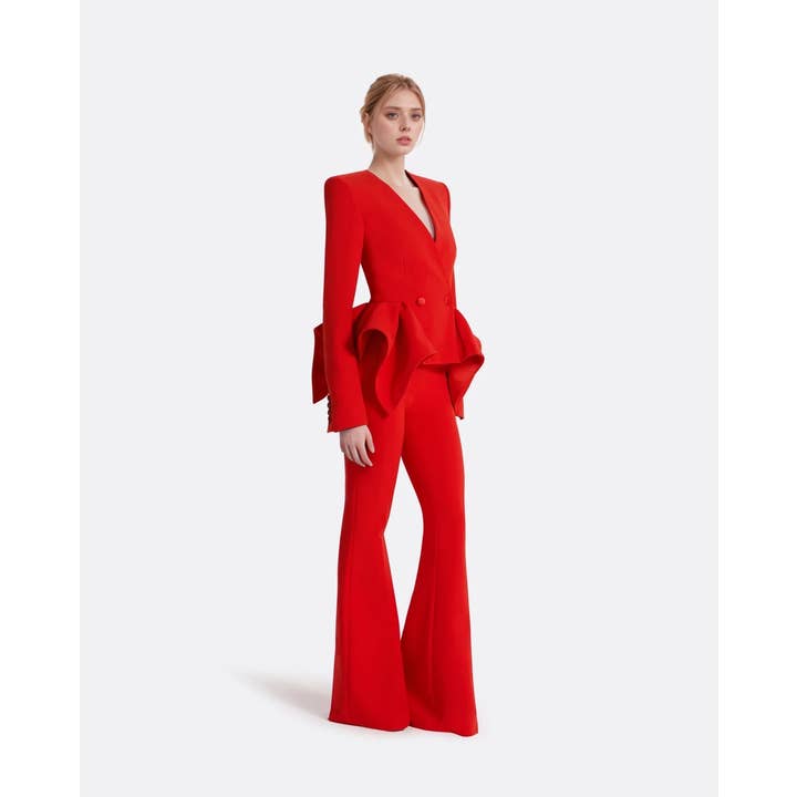 SET43Y Red Ruffle Trim Fitted Jacket and Flared Trousers Set for wholesale by Productseeker