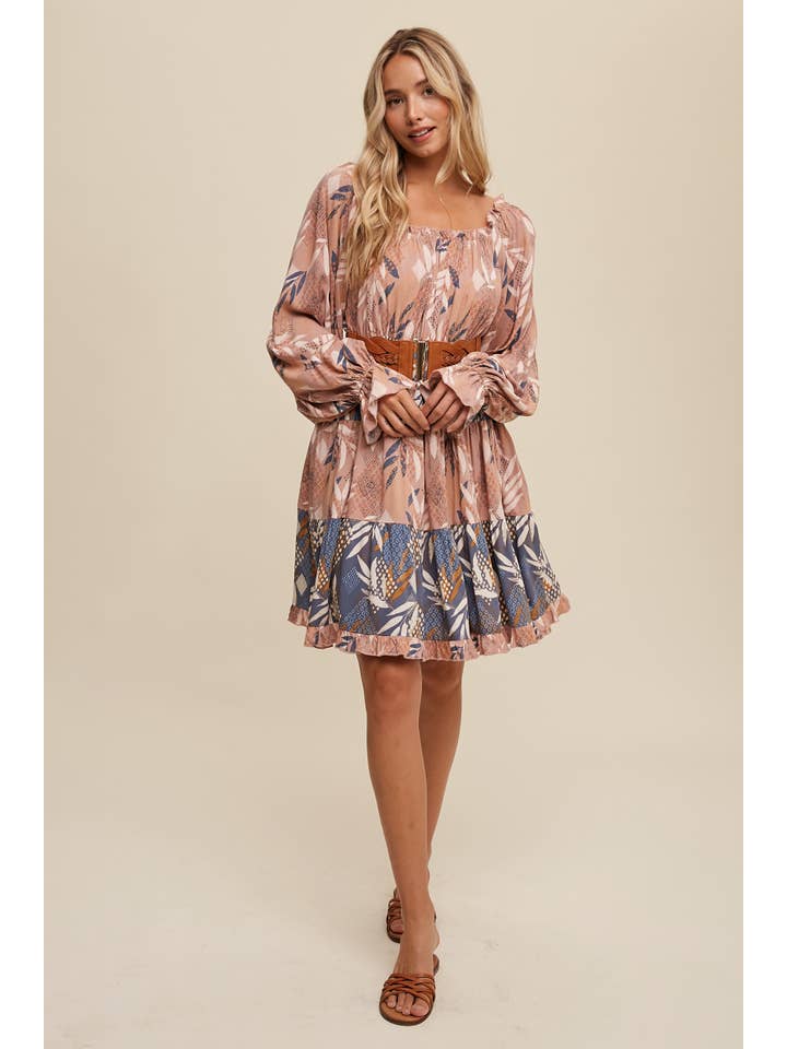 Listicle - Wholesale Dress - Women's - Patchwork Puff-Sleeve Tiered Mini Dress10