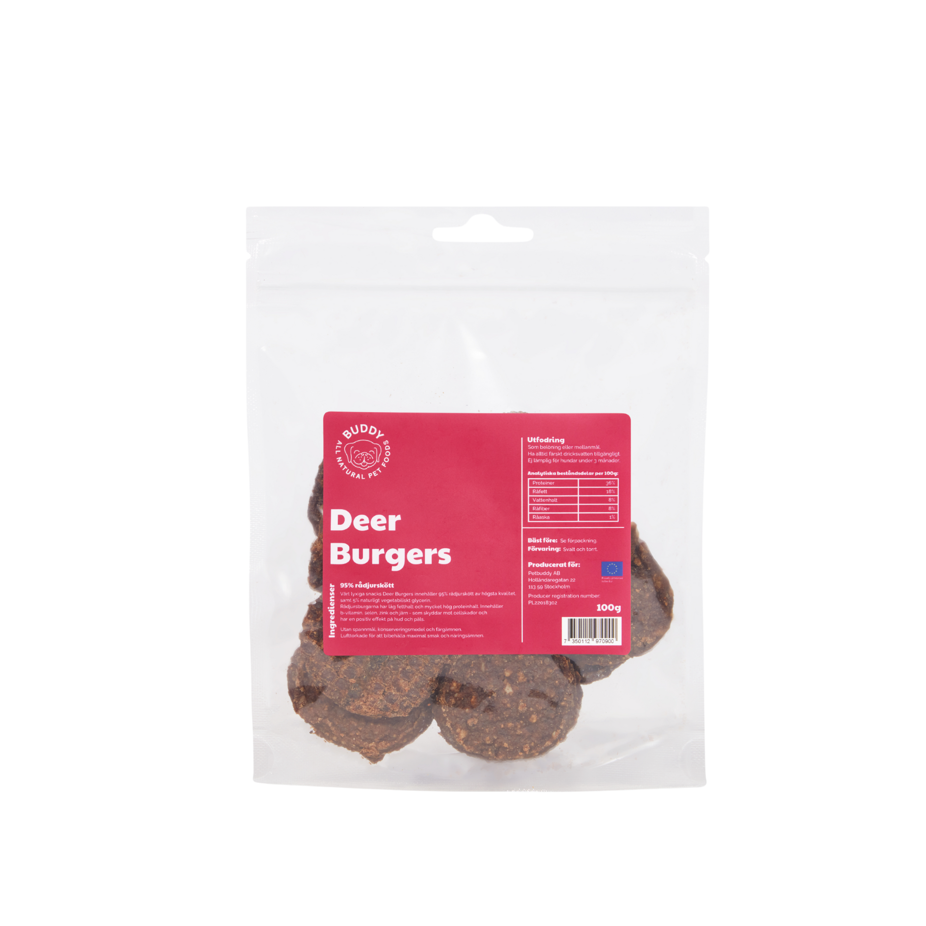 Buddy Pet Foods - Wholesale Pet Treats - Dog - Meaty Burgers - Venison (Deer Burgers) 100g2