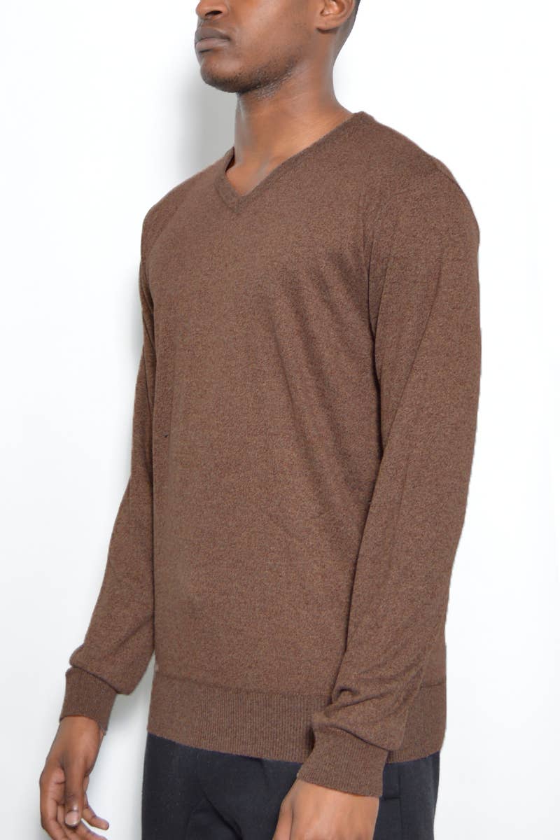 WEIV - Wholesale Knit Sweater - Men's - Mens Solid V Neck Sweater - Brown2