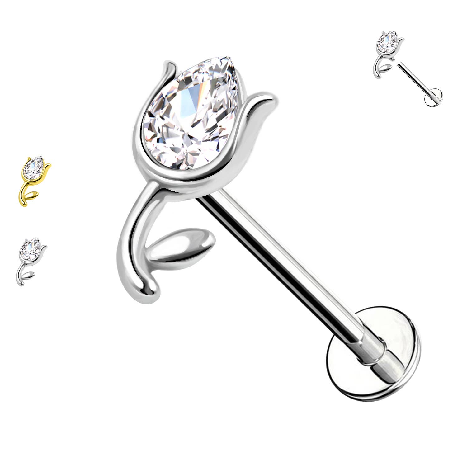 Awaken - Vendita all'ingrosso Orecchini a bottone - Piercing Labret a Forma di Rosa con Cristallo2