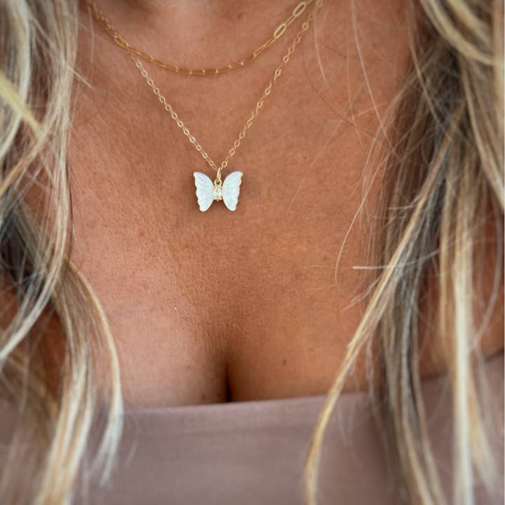 True by Kristy Jewelry - Wholesale Pendant/Charm Necklace - Brynn Butterfly Mother of Pearl Gold Filled Necklace