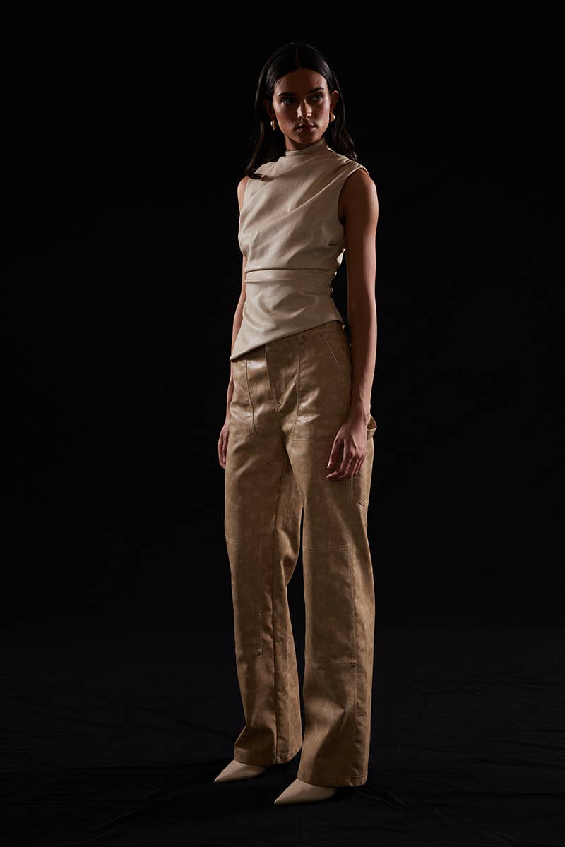 BIEGE ASYMMETRIC PLEATHER MOCK NECK SLEEVELESS TOP-TI6804FO for wholesale on Faire13