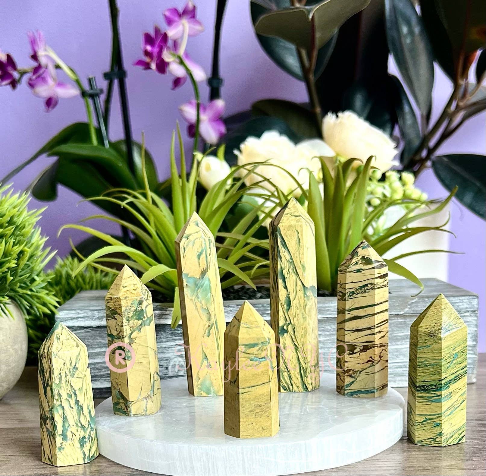 KayleeNYC - Wholesale Spiritual Stone/Crystal - 1 Lb Natural Yellow Unakite Jasper Chrysoprase Obelisk Tower3