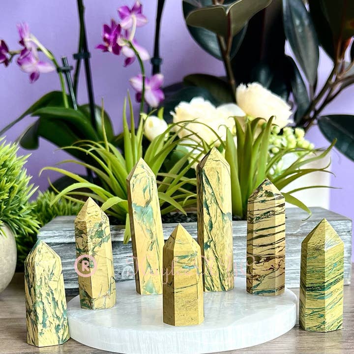 KayleeNYC - Wholesale Spiritual Stone/Crystal - 1 Lb Natural Yellow Unakite Jasper Chrysoprase Obelisk Tower3