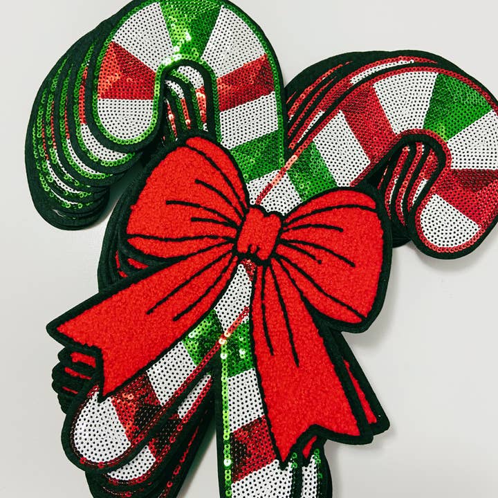 TEELUX - Wholesale Patch - Candy Canes with Chenille Bow 9.75 inch x 10.5 inch - Large SEQUIN Patch2