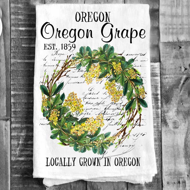 Avery Lane Gifts - Wholesale Tea Towel - Oregon Grape State Flower Souvenir Flour Sack Tea Towel