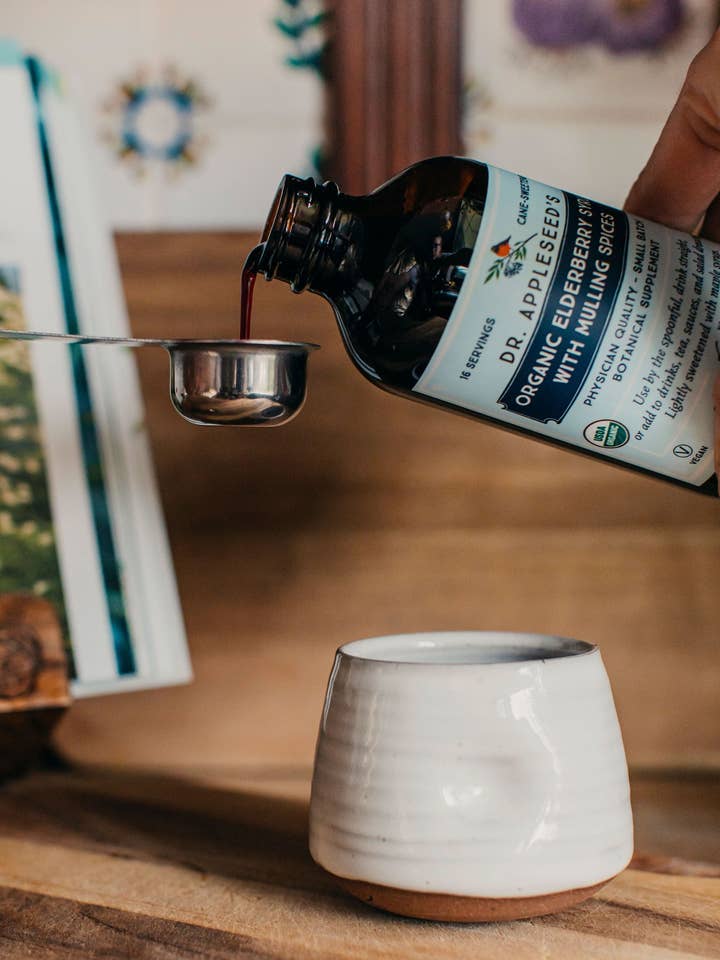 Organic Elderberry Syrup with Mulling Spices - 8.0 FL OZ for wholesale by Dr. Appleseed's Organic Elderberry Botanical Supplements