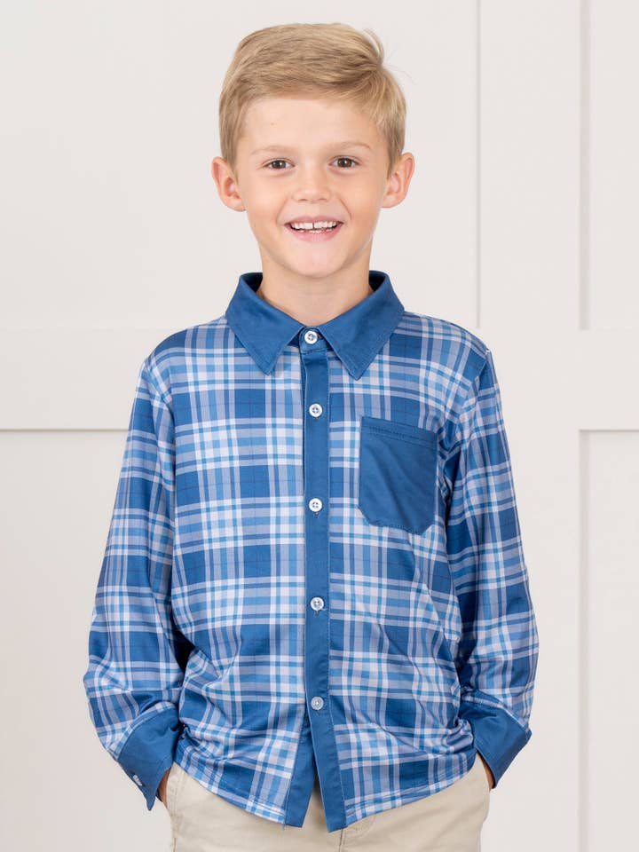 Pocket Button Up Plaid Shirt- Blue for wholesale by Marie Nicole Clothing